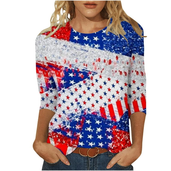 IROINNID 4th of July T-Shirt For Women Mid-length Blouse Casual Tops Round Neck Women Tops America Independence Day