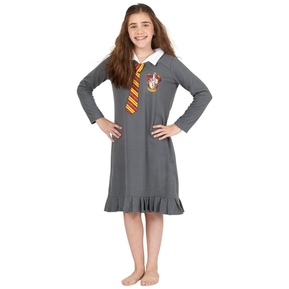 Harry Potter Girls' Nightgown Hermione Hogwarts Gryffindor Tie Uniform Long-Sleeve Fleece Pajama Lounge Sleepwear