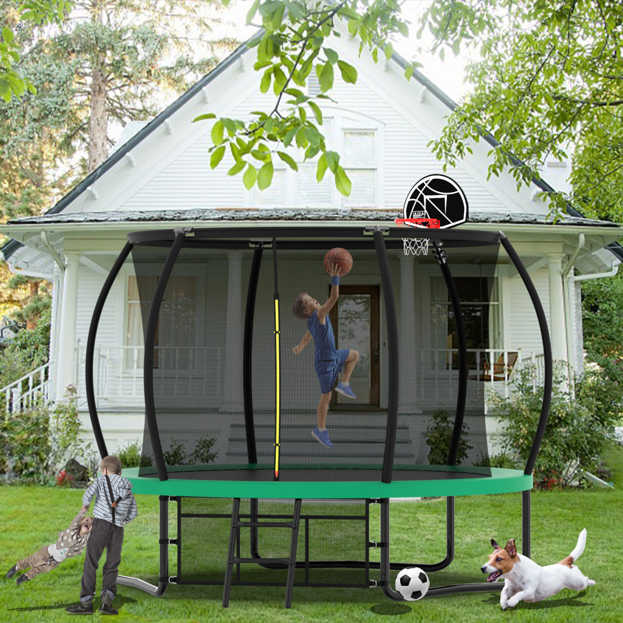 Leumius 10FT Trampoline with Enclosure Net,Heavy Duty Yard Pumpkin Trampolines with Ladder,Outdoor Recreational Trampolines for Kids and Adults,Green