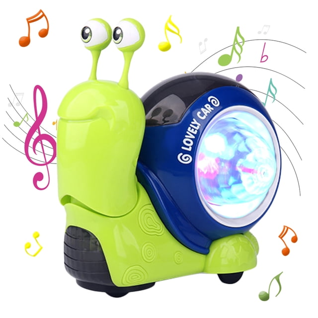 juguetes electrónicos de caracol de dibujos animados, juguetes de proyección de plástico con pilas para bebés caracol 3/4 frontal; cuerpo verde de ABS con concha azul que proyecta luces multicolor, antenas con ojos salientes, base móvil negra, botones y textura circular visibles, funciona con 2 pilas AA (no incl.), apto para niños 3-6 años; a menudo se usa también para ejercitar percepción visual y auditiva.