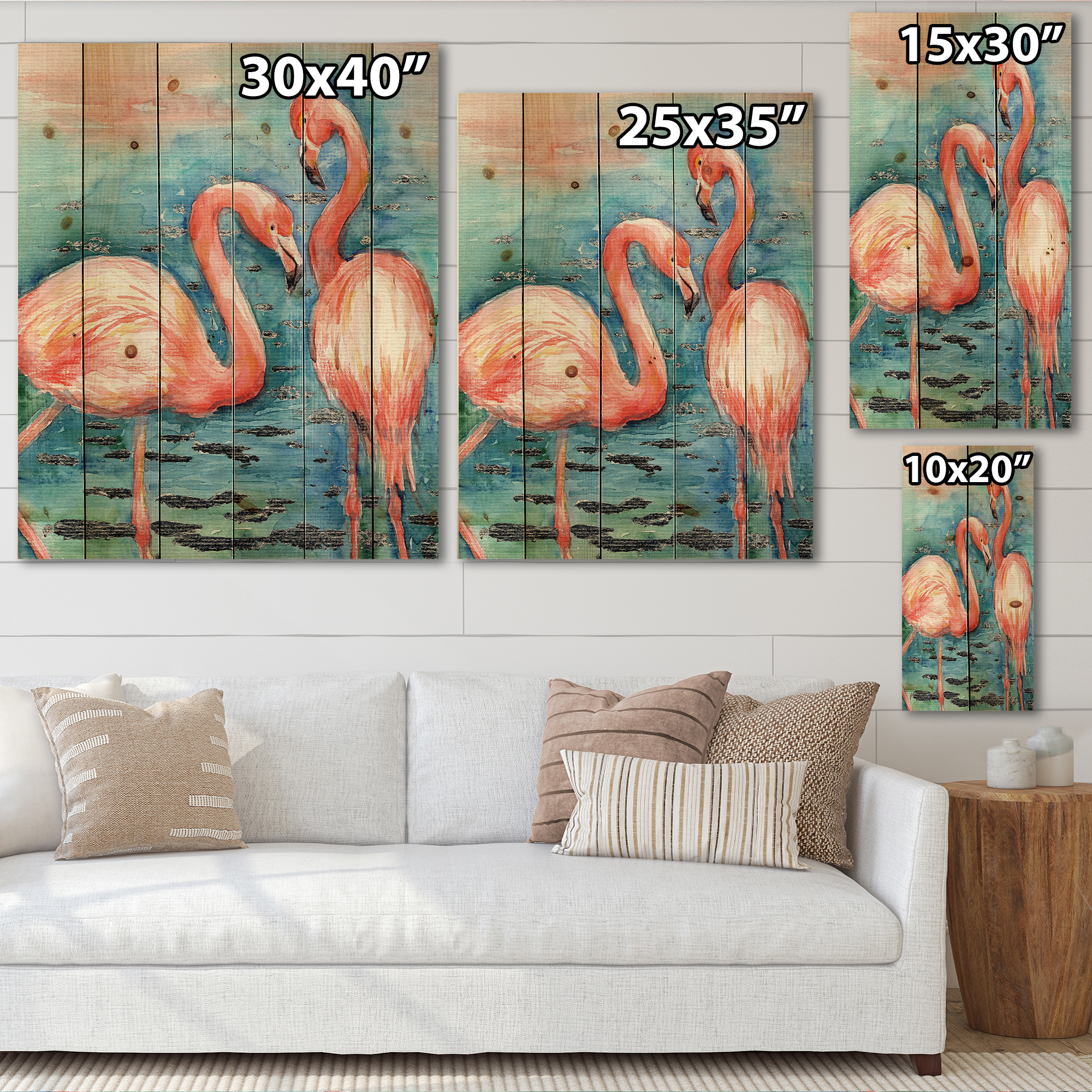 Designart 'Pink Flamingos Love Birds In Blue Water I' Farmhouse Print on Natural Pine Wood