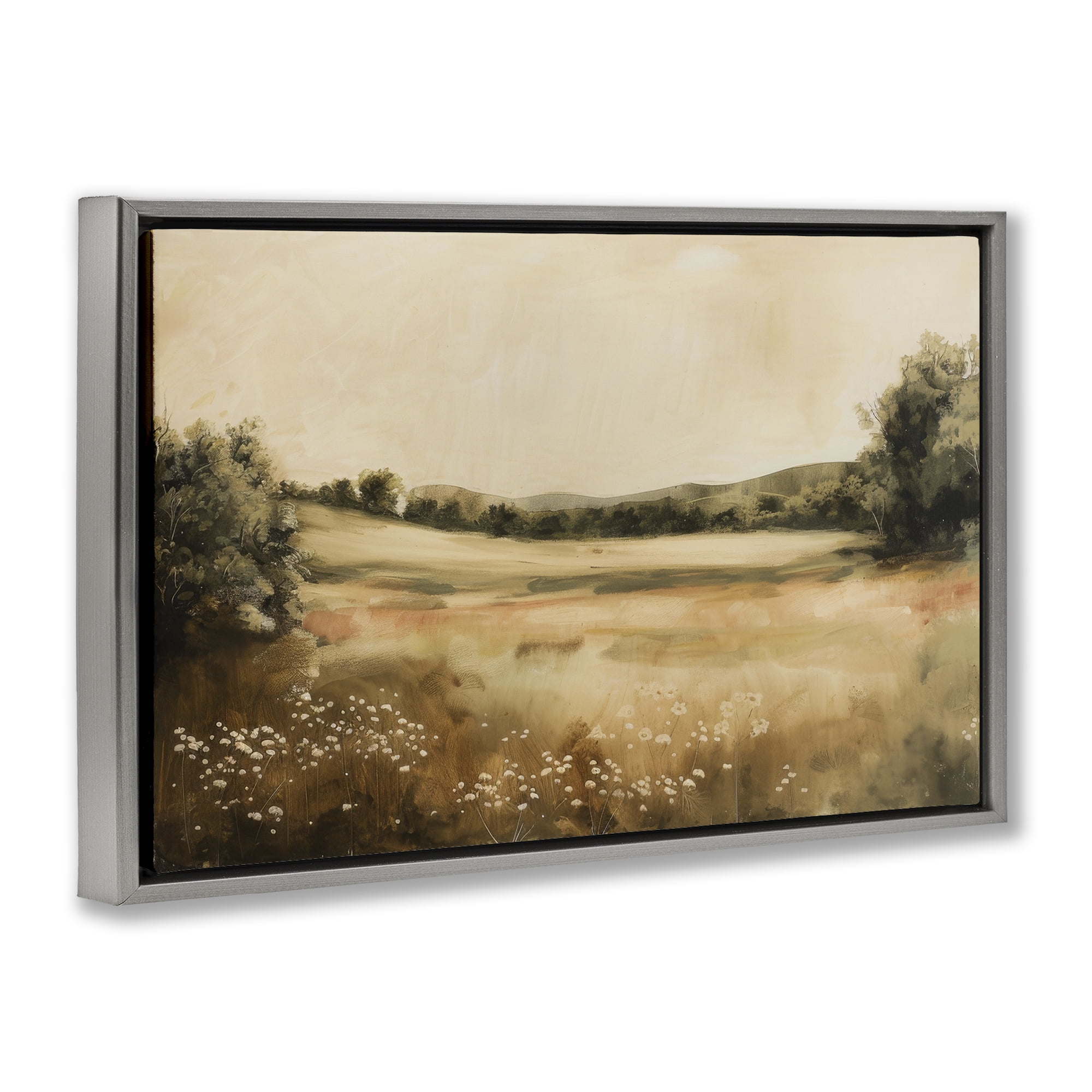 Stupell Industries Neutral Meadow Landscape Landscape & Nature Painting Gray Floater Framed Canvas Art Print Wall Art, 31 x 21