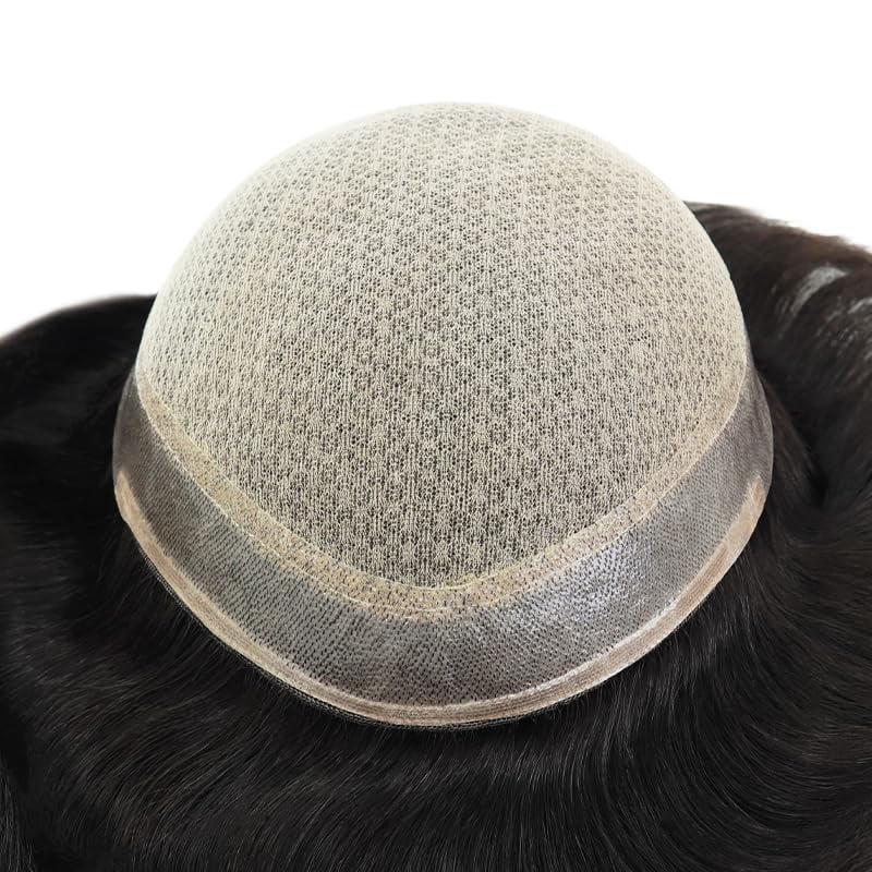 Breathable Silk Base Mens Toupee Injection Skin 0.1-0.12mm with Diamond Net in Body Hair Replacement Human Hair System Natural Black Wig Straight Hair