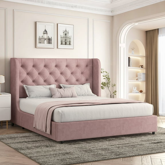 4 EVER WINNER Queen Size Bed Frame, Pink Queen Bed Frame, Modern Upholstered Platform Bed Frame with Button Wingback Headboard, Pink