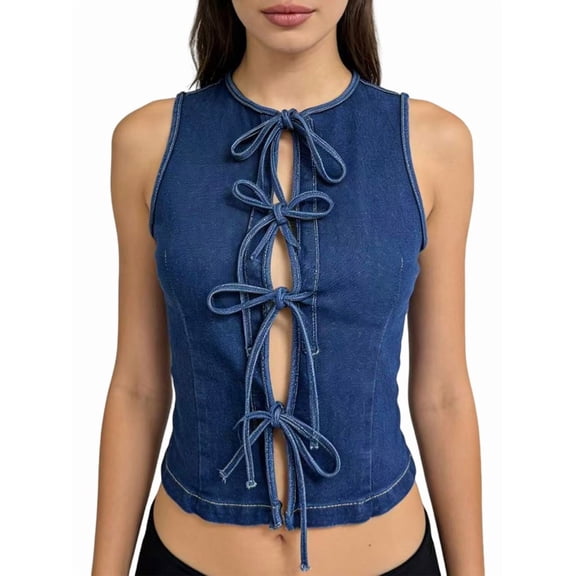 Stretchy Denim Corset Tube Tank Top with Adjustable Straps, Y2K Jean Vest Waistcoat for Women Blue L