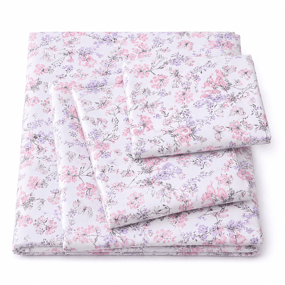 Cozy Vintage Microfiber Printed Full Sheet Set - Soft Breathable Percale Cotton Floral Bed Sheets with Deep Pocket - Non-Slip Fitted Design - Pink Purple Flowers Pattern