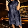 thumbnail image 5 of Women's Solid Color Stand Up Collar Cape Sleeve Sequin Party Dress Glamorous Party Dress for New Year's Eve, Clubs, and Evening Galas Navy XL, 5 of 5