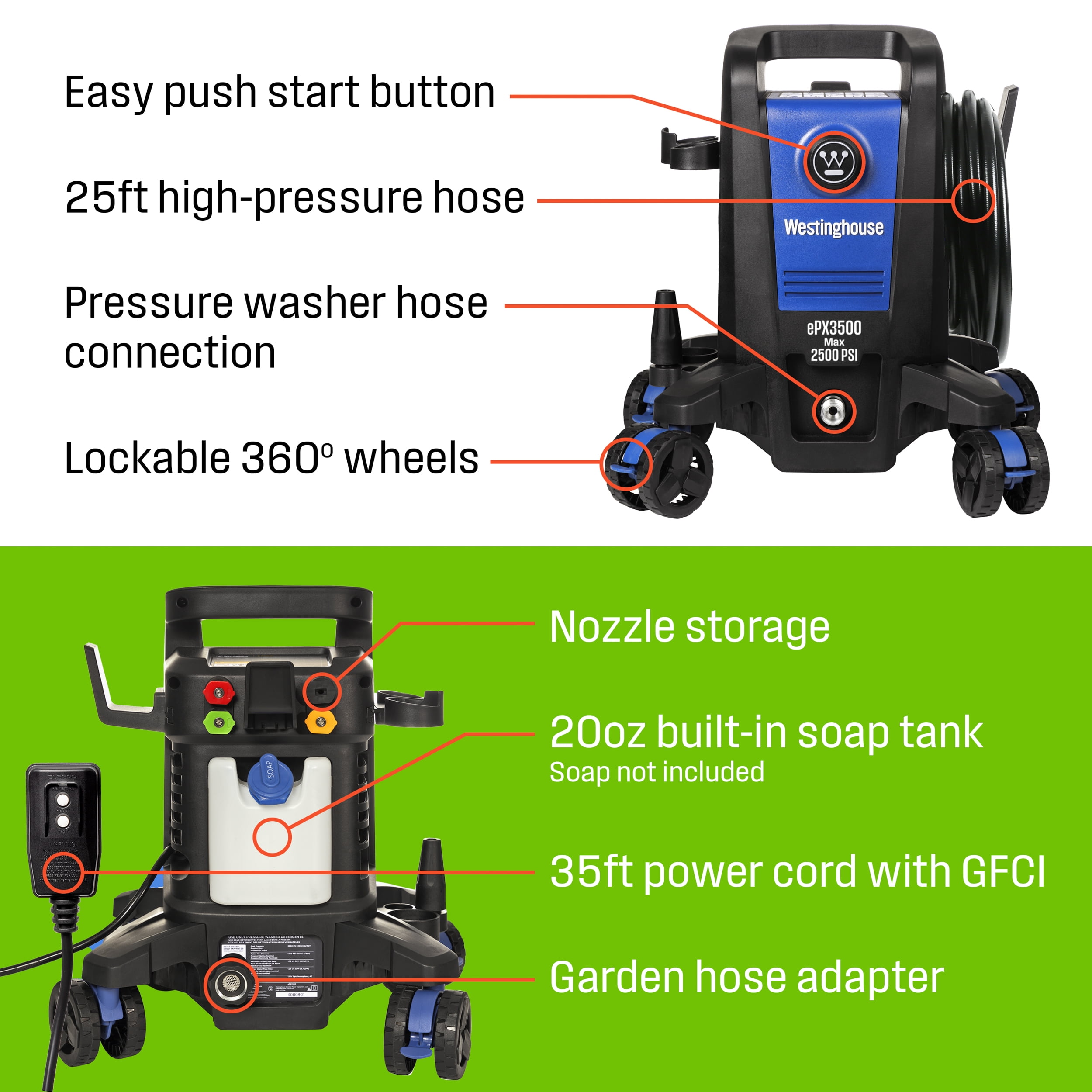 Westinghouse 2500 Max PSI 1.76 Max GPM Electric Powered Pressure Washer with Anti-Tipping Technology and 5 Quick Connect Tips