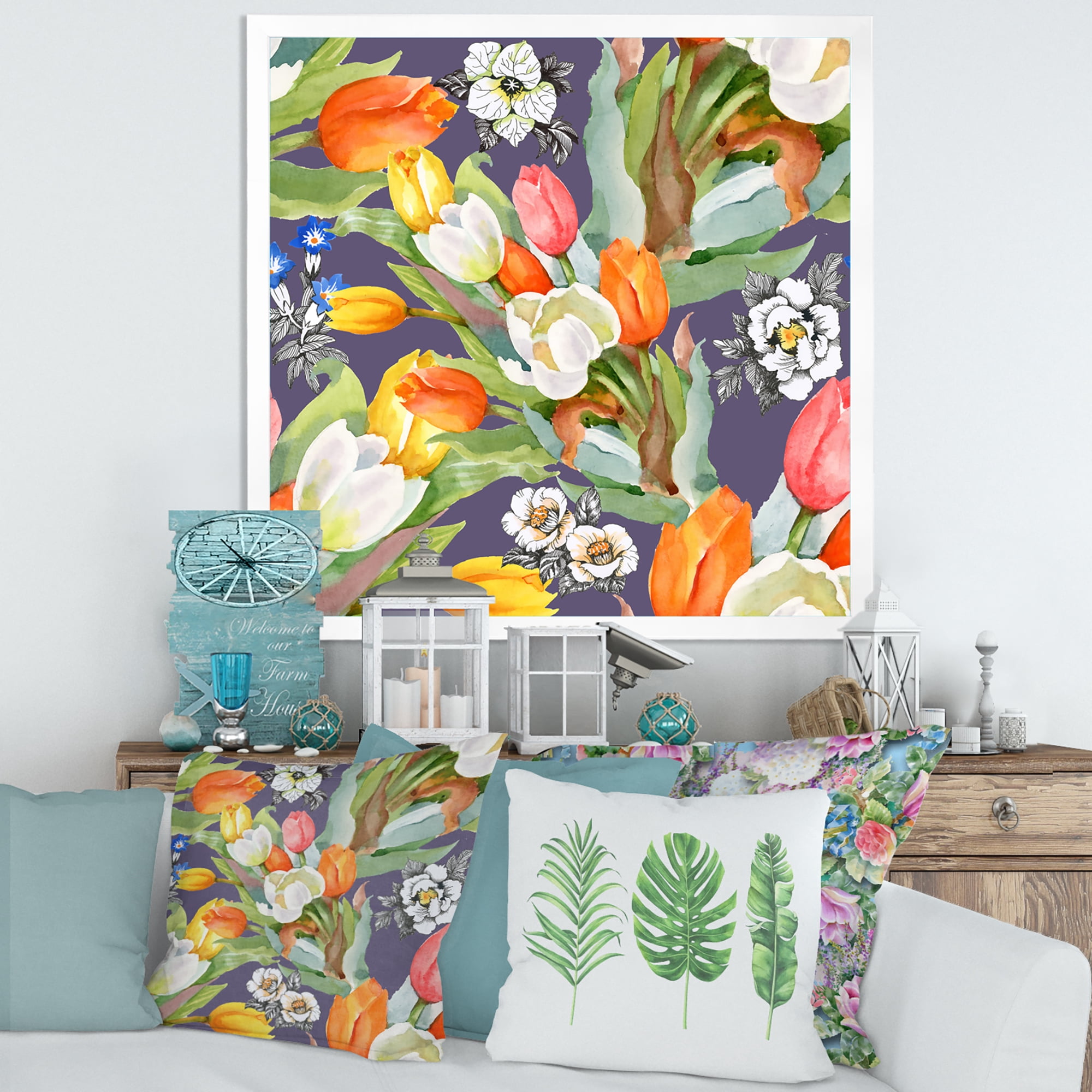 Designart 'Blooming Orange and White Tulips III' Traditional Framed Art Print