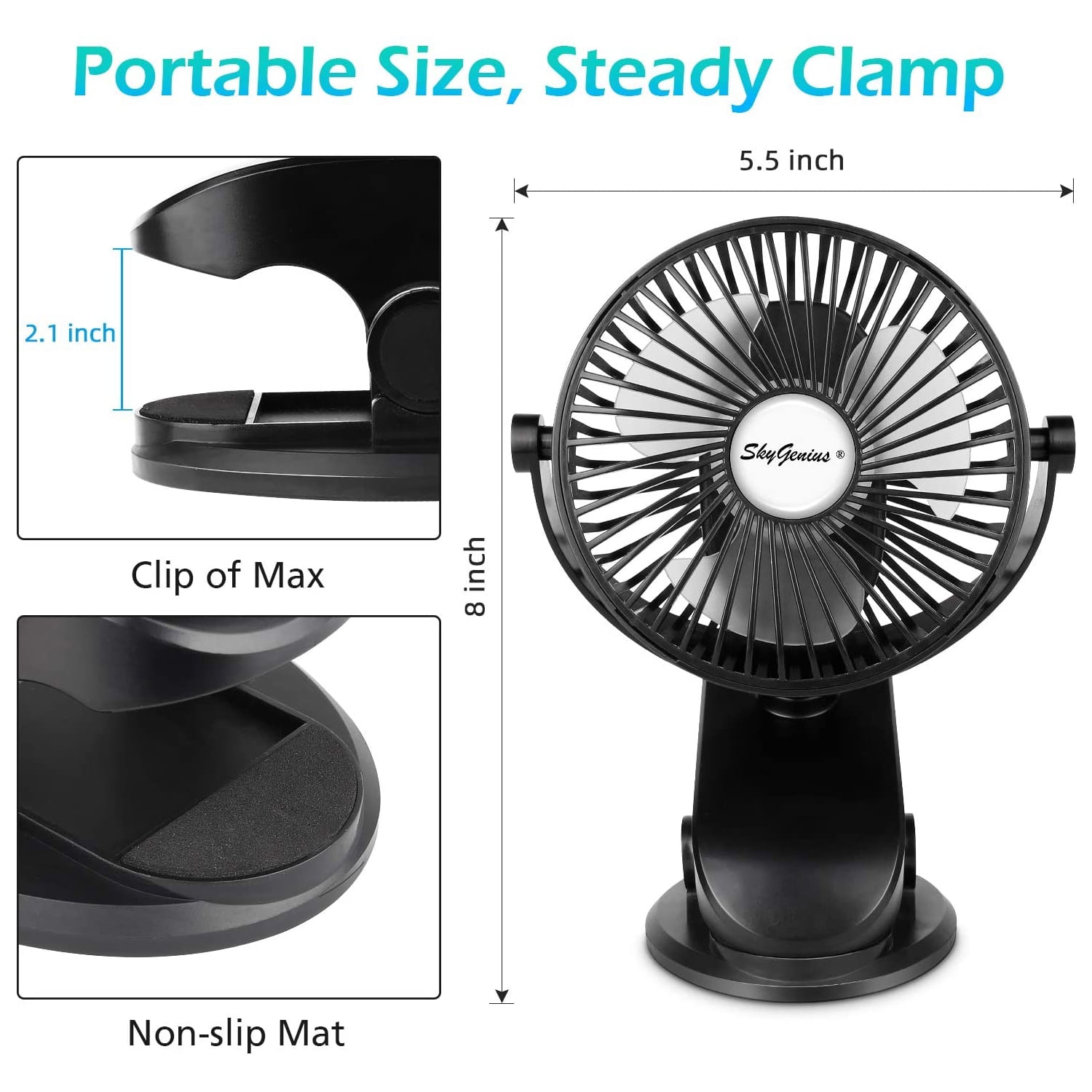 SkyGenius Rechargeable Mini Fan Battery Operated Clip on Desk Fan Baby Stroller Fan, Black