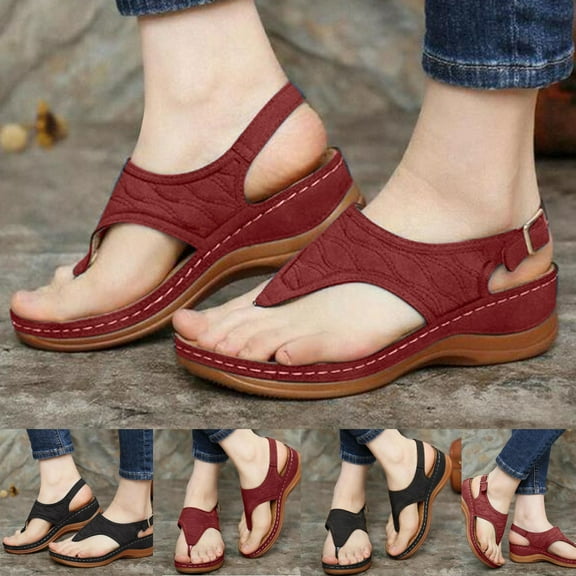 Jacenvly 2024 New Women's Wedge Heel Flip Flops Multicolor Embroidered Sandals Slippers Black Sandals for Women