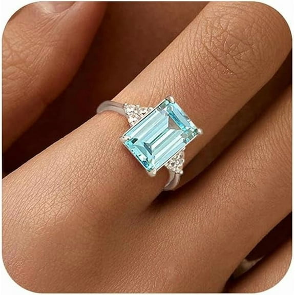Sea Blue Topaz Engagement Ring 925 Sterling Silver Cut Aquamarine Ring March Birthstone Promise Ring for Her CZ Cubic Zirconia Wedding Ring Jewelry Birthday Gift for Mom