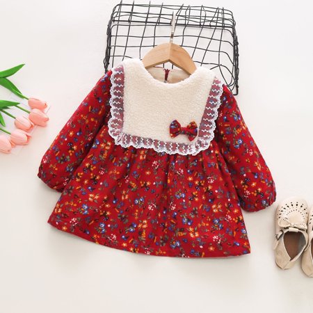 

Toddler Girls Casual Dresses Autumn Winter Long Sleeve Floral Prints Bowknot Lace Ruffles Dance Party Dress Holiday Wear