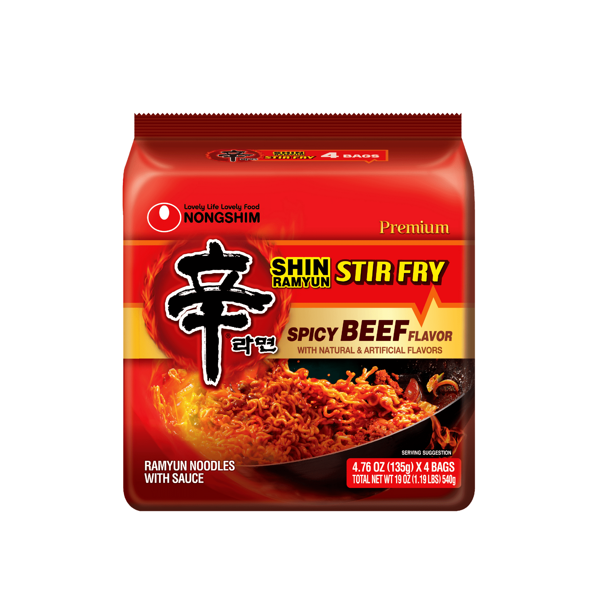 Nongshim Shin Stir Fry Spicy Beef Ramen Noodle Pack, 4.65oz x 4 Count, Shelf-Stable
