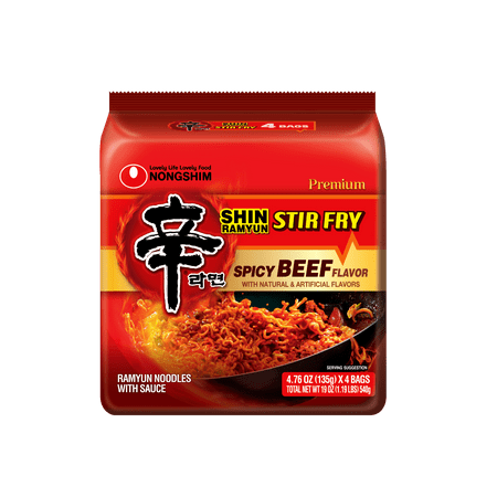 Nongshim Shin Stir Fry Spicy Beef Ramen Noodle Pack, 4.65oz x 4 Count, Shelf-Stable