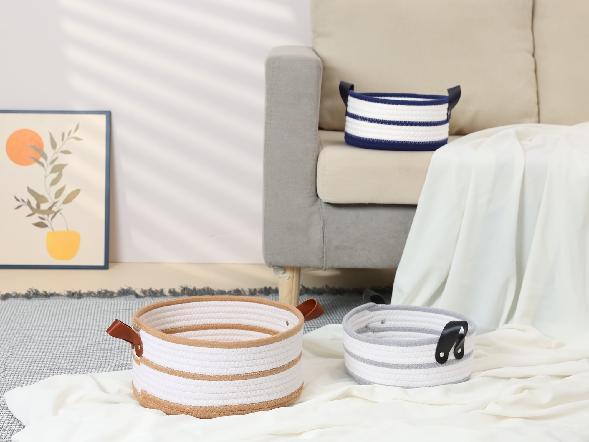 Unique Bargains Woven Storage Basket with Leather Handles Dark Blue 7.9*3.9in