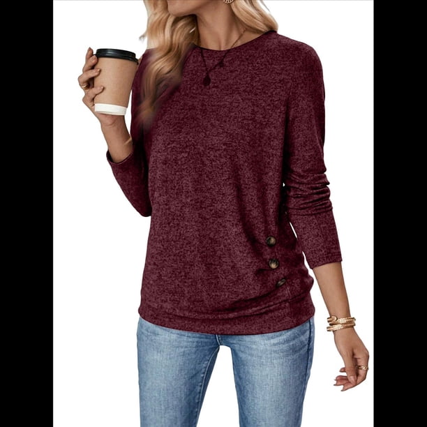 Camisa de Larga con Puños Abotonados para Mujer, Suéter Informal de Otoño, Moda Marrón Rojizo XL