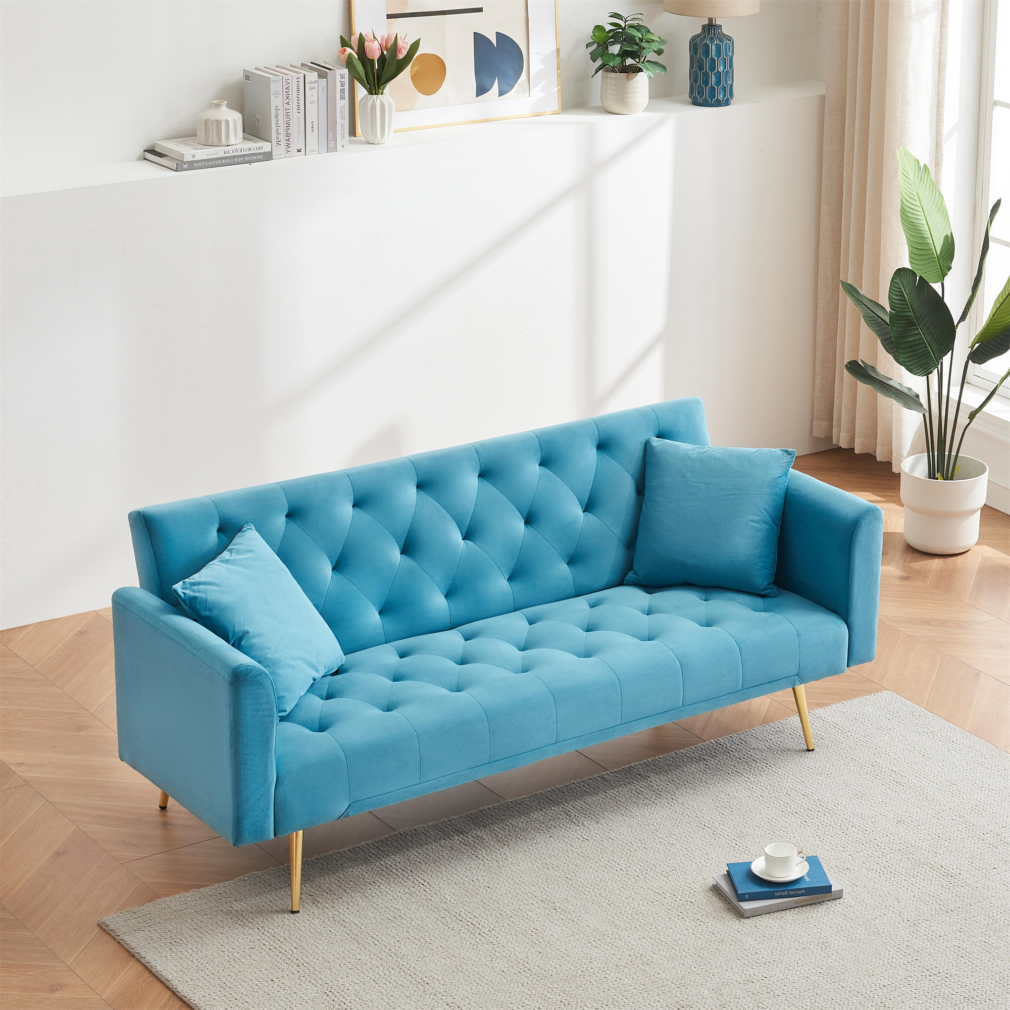 Aukfa Curved Arm Futon Convertible Sofa Bed for Home Office, 2 Pillows, Tufted Back, Velvet, Light Blue