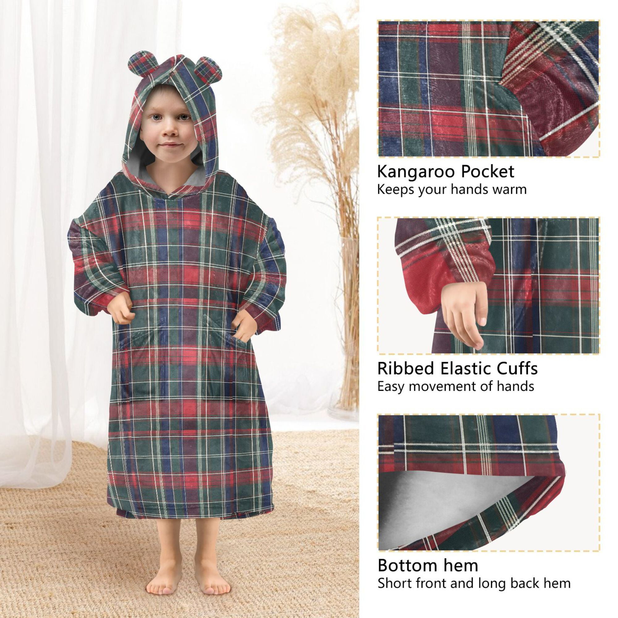 FORMRS Wearable Blanket Hoodie with Sleeves for Kids Cozy Flannel Sweatshirt, Warm Tartan Mosaic