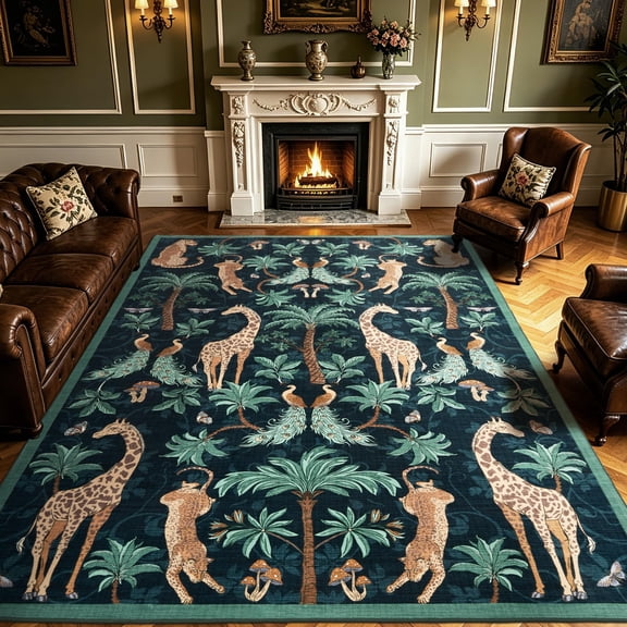 9x12 Area Rug for Living Room, Jungle Animal Washable Rug, Soft Non Slip Carpet Indoor Rug for Bedroom, Dining Room, Nursery, Home Decor, Dark Blue