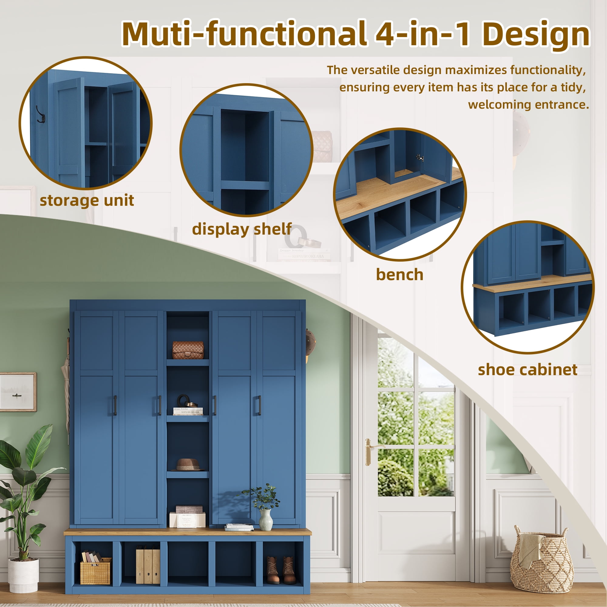 Euroco Modern Farmhouse Hall Tree – 4-in-1 Entryway Bench with Cabinets, Hooks & Shoe Storage, Wood-Grain Finish, Handles, Anti-Tip Safety