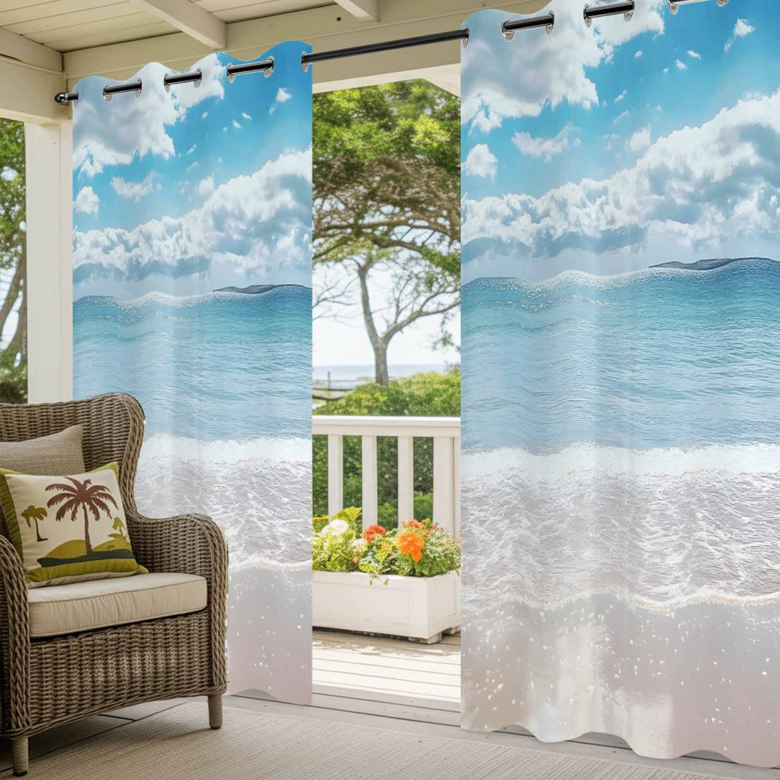 Ocean Beach Outdoor Curtains for Patio Waterproof,Windproof Privacy Curtains with Weighted Bottom,Natural Blue Sea Waves Sky Cloudy Scenery Outside Drapes for Picnic Garage Yard 54"x84" 2 Panel