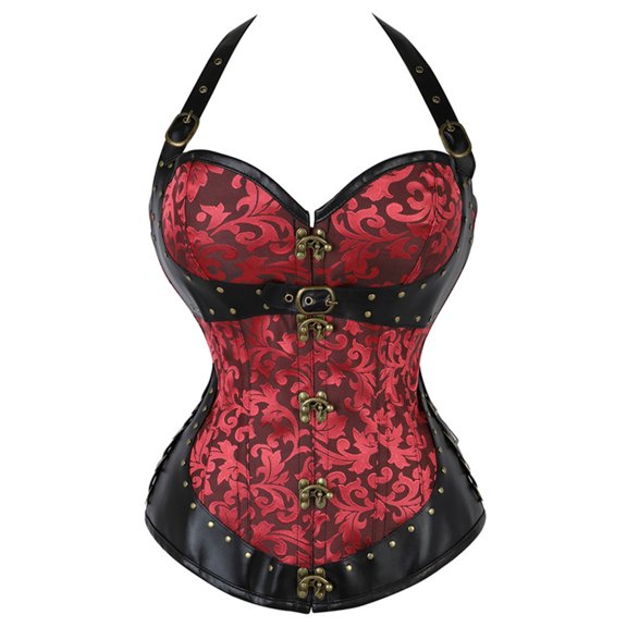 LILIYA Mesh Corset Tops for Women, Halter Neck Overbust Bustier Shapewear with Steel Boning, Adjustable Lace Up Waist Cincher Bodysuit for Halloween Party, Classic Gothic Corset for Women