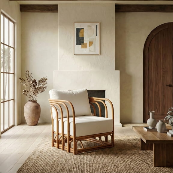 Safavieh Couture Harlowe Rattan Mid-Century Accent Chair, Natural/White