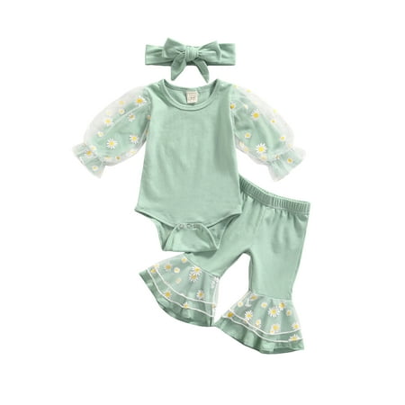 

Baby Girl Lace Flared Pants Set Mesh Floral Print Long Sleeve Romper Shirt Headband Bell Bottom Set