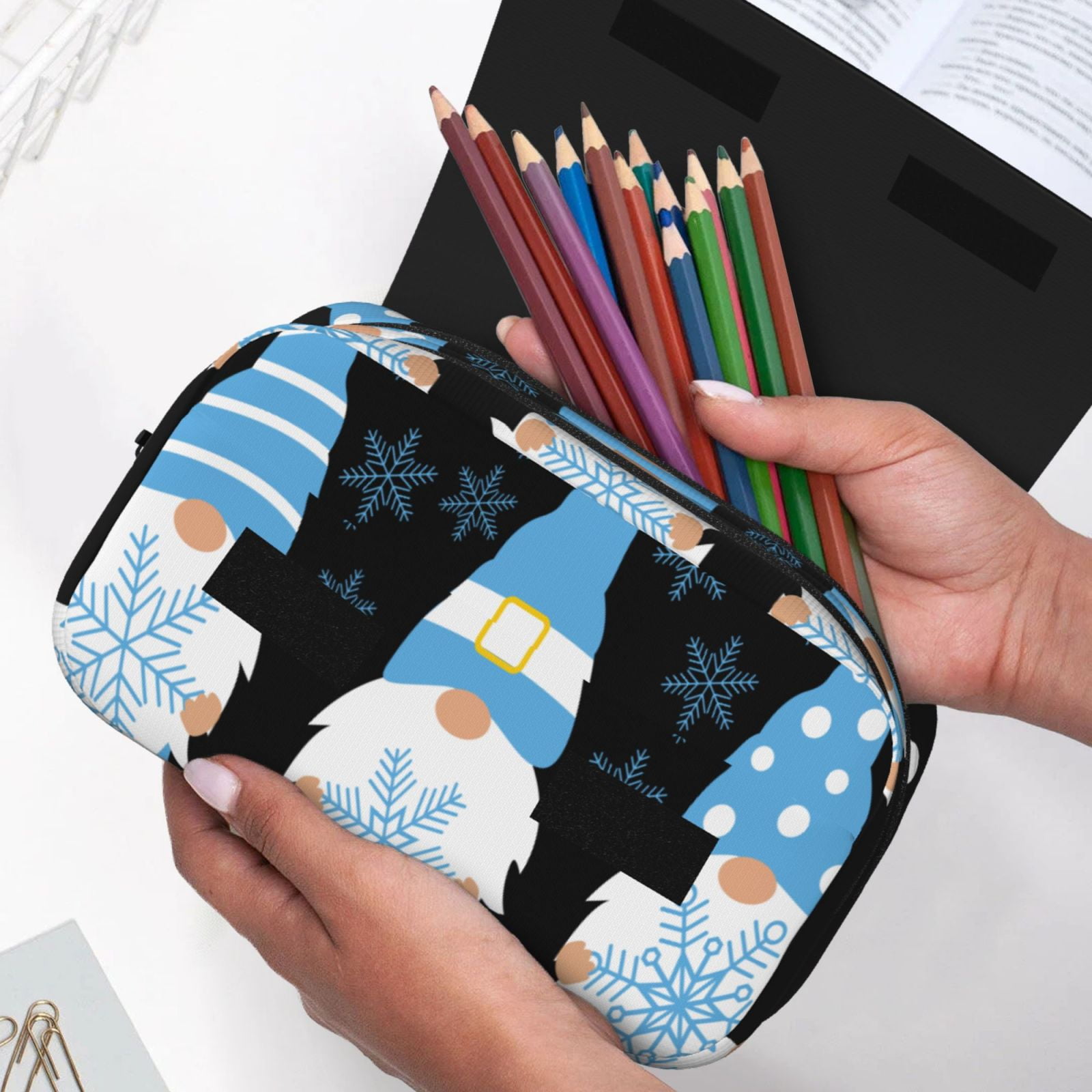 Rateoe Christmas Gnome Snowflake Pattern Double Clamshell Pen Case, Storage Organizer with Two Zipper Compartments– Holds Up to 50 Pencils & Pens