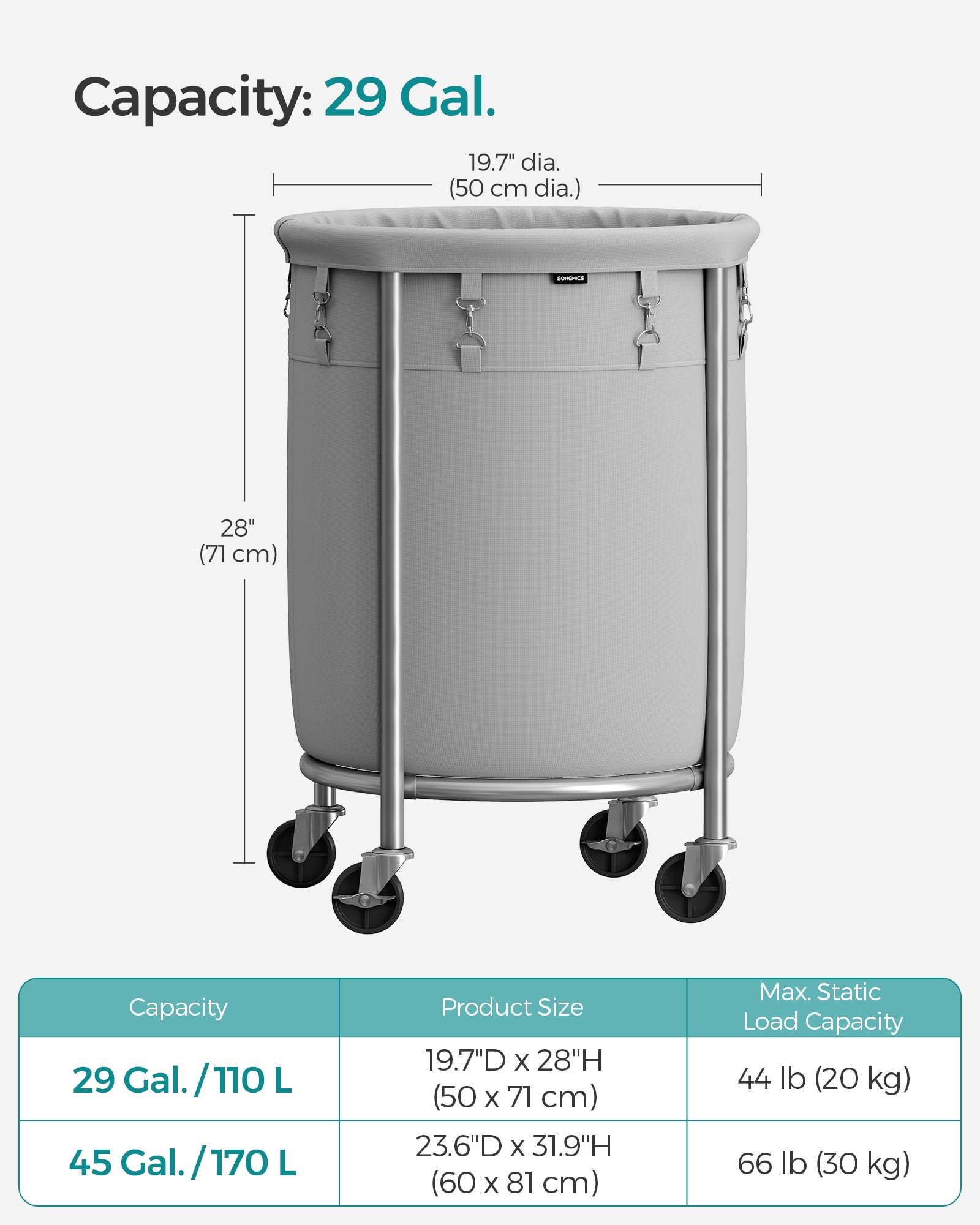 29Gal Round Laundry Sorter Laundry Hamper with Wheels Rolling Laundry Cart with Removable Bag for Laundry Room Gray and Silver