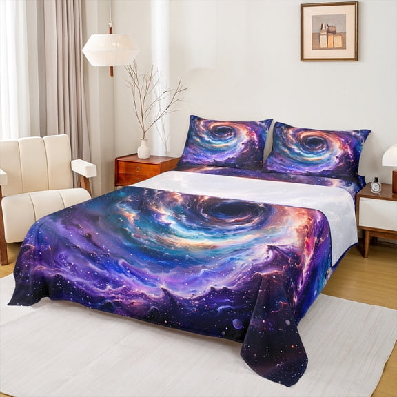 Manfei Beauty Colorful Galaxy Twin Sheet Sets,Starry Sky Twin Fitted Sheet,Modern Aesthteic Art Flat Sheet For Girls Kids,Microfiber Bedroom Decor,3pcs