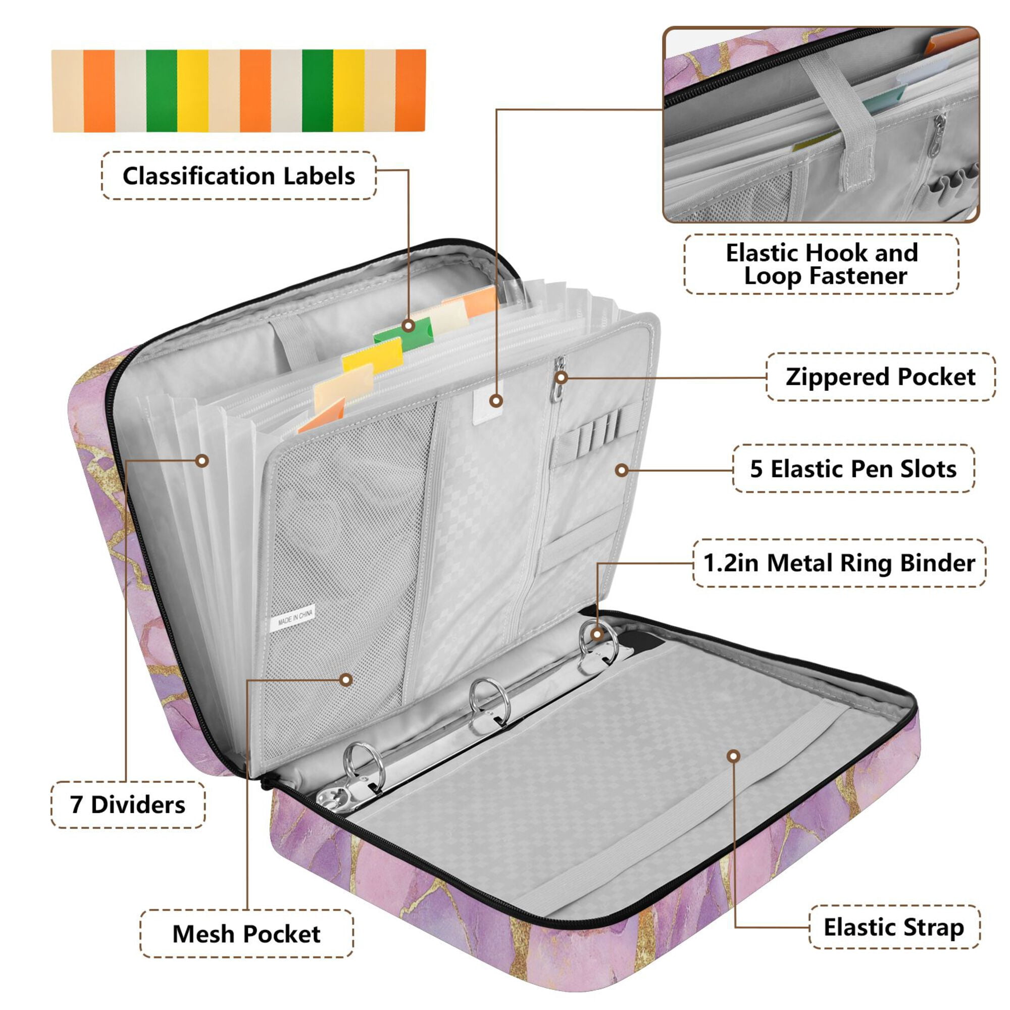 FORMRS Accordion File Folder A4 Size 7-Pocket Expanding Document Organizer Bag with 3 Ring Binder, Pastel Pink Marble Pattern