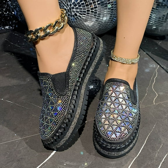 Wowcloth Women's Fashion Casual Loafer Shoes – Solid Color Rhinestone Round Toe with Thick Sole Slip-On Design & Shallow Cut for Year-Round Style