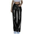 thumbnail image 4 of Ecqkame Women Faux Leather Pants Wide Leg Straight Elastic Mid Waisted Pleather PU Stretch Trousers with Pockets Black M, 4 of 9