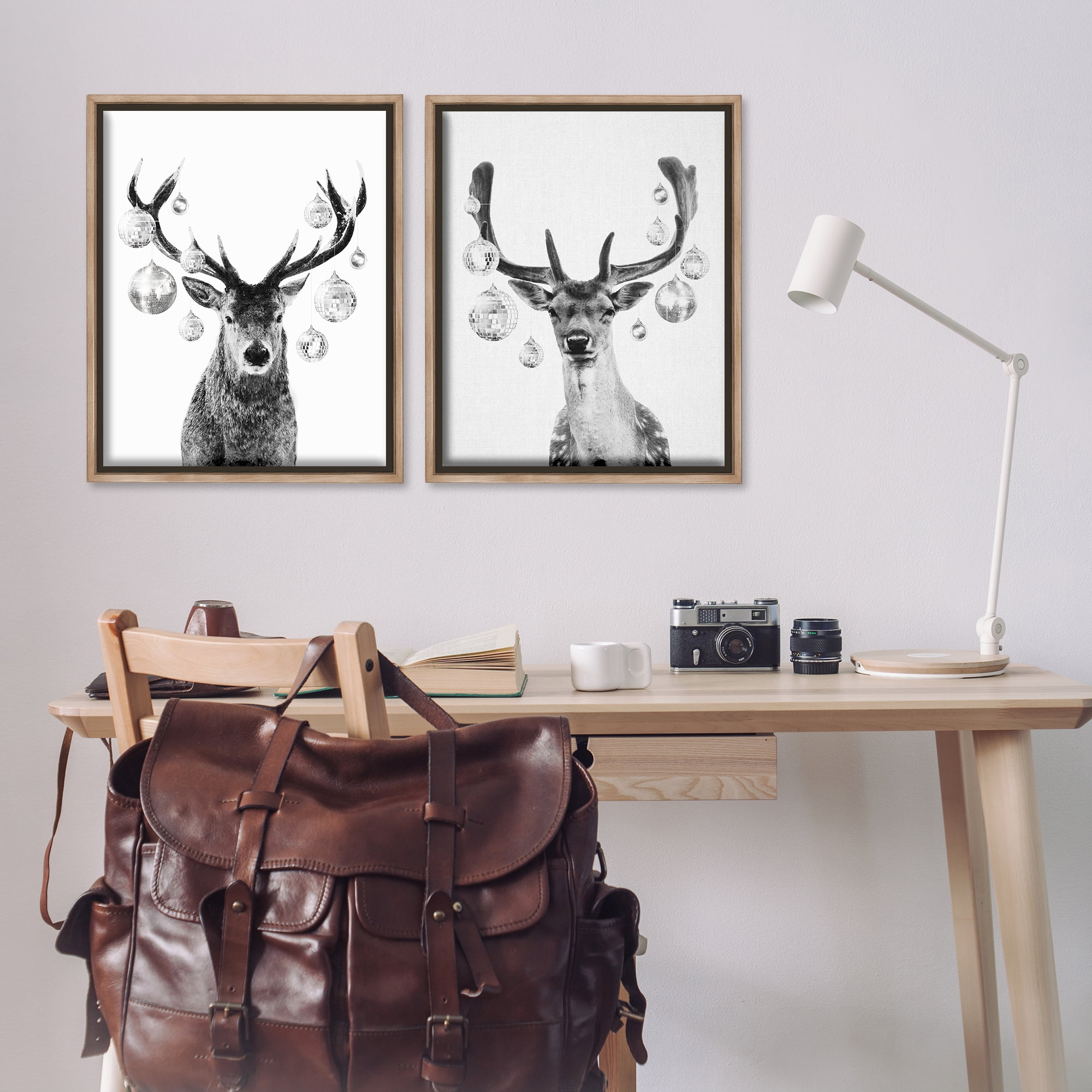 Stupell Industries Black and White Disco Deer Holiday Painting Brown Floater Framed Canvas Art Print Wall Art, 31 x 25, Set of 2