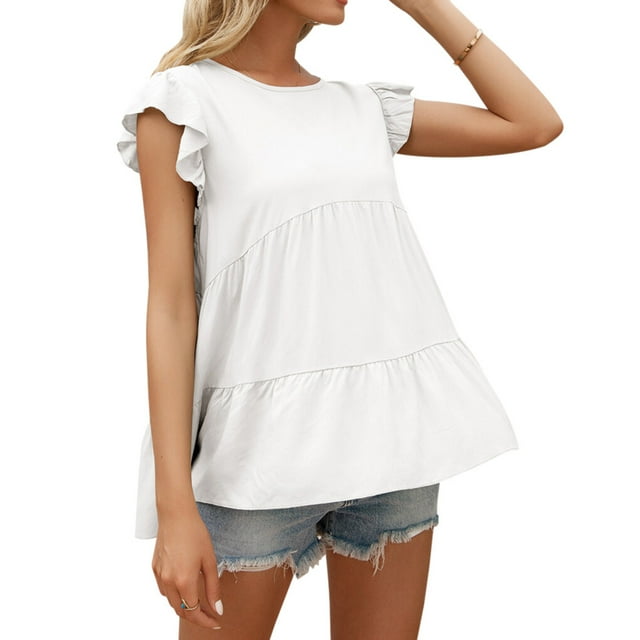 QualitChoice Hauts à Manches Courtes en Dentelle Été Col Rond T-shirt Décontracté Blanc TG