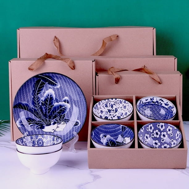 Juego de vajilla de cerámica para regalo, cuenco y cuchara con caja de regalo, porcelana azul y blanca de color esmaltado, regalo de apertura