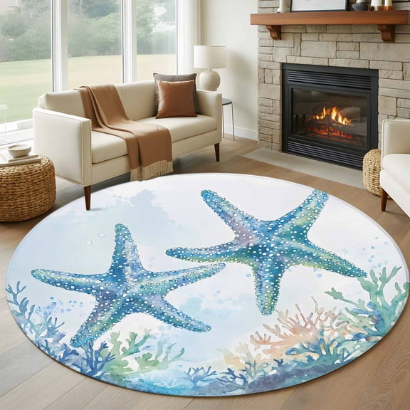 Teal Blue Coastal Coral Round Rug 5ft Washable Circle Kitchen Rugs Non Slip Summer Ocean Watercolor Starfish Large Area Rug Indoor Floor Carpet for Bedroom Living Room Home Office Dining Room Nursery