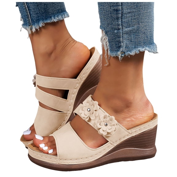 Rokment Womens Flower Wedges Dress Slippers Sandals 2026 Beach Summer Fashion Casual Boho Leather Platform Chunky High Heels Floral Slip on Slides for Woman Beige Size 6.5