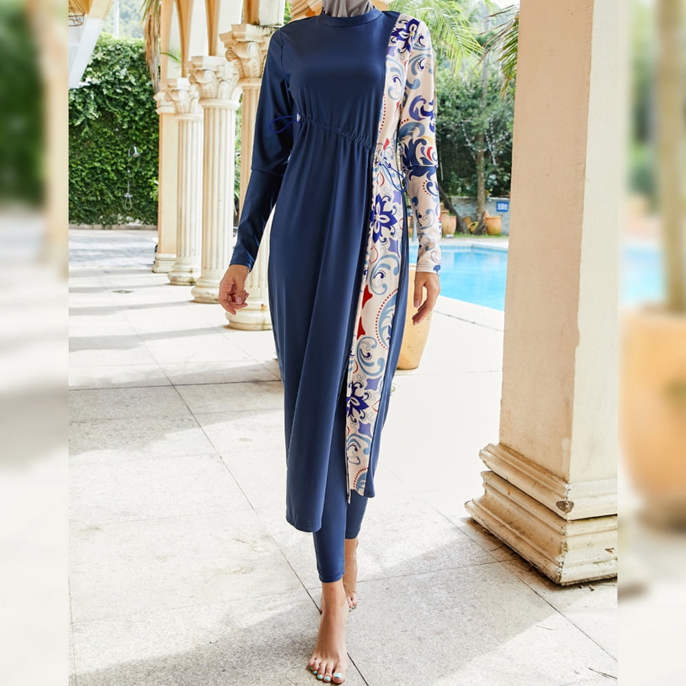 IBTOM CASTLE Muslim Swimsuits for Women Modest Islamic Arabic Swimwear Burkini Full Cover Hijab Top Pants Swimming Cap Bathing Suits XL Dark Blue Floral