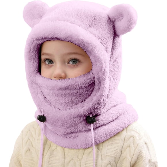 Kids Fleece Ski Balaclava Boys Girls Winter Beanie Hat with Scarf and Mask Windproof Warm Adjustable Drawstring Hats,One Size-Purple