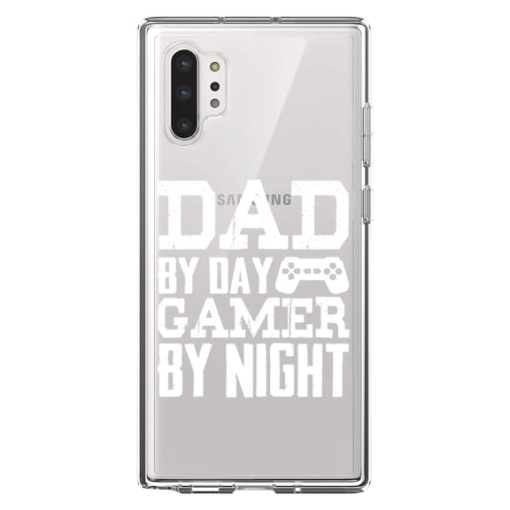 DistinctInk Clear Shockproof Hybrid Case for Galaxy Note 10 PLUS (6.8" Screen) - TPU Bumper Acrylic Back Tempered Glass Screen Protector - Dad By Day Gamer By Night