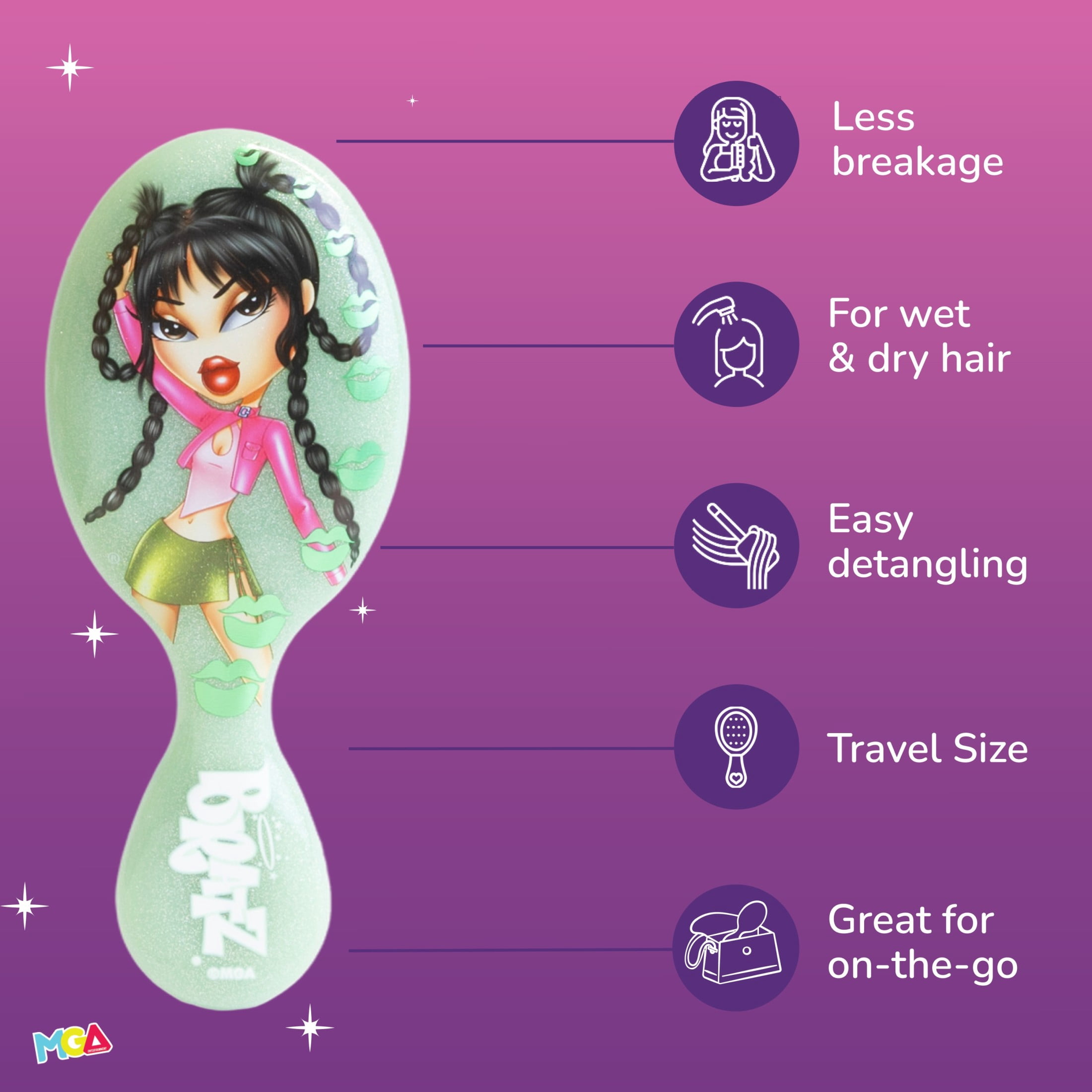 Wet Brush Bratz Jade Mini Detangler & 4 Bonus Seamless Elastics