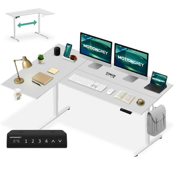 MotionGrey Bureau Debout Électrique en Forme de L Réversible Ergo Pro, 4 Réglages de Mémoire, Dessus Blanc 59 Pouces x 39 Pouces Cadre Blanc, Bureau Ergonomique pour Bureau à Domicile avec Tapis de Souris, Porte-Gobelet et Crochets