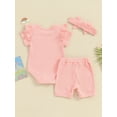 thumbnail image 4 of BABAMOON Newborn Baby Girl Summer Clothes Solid Color Short Sleeve Ruffle Romper with Shorts and Headband Outfits, 4 of 9