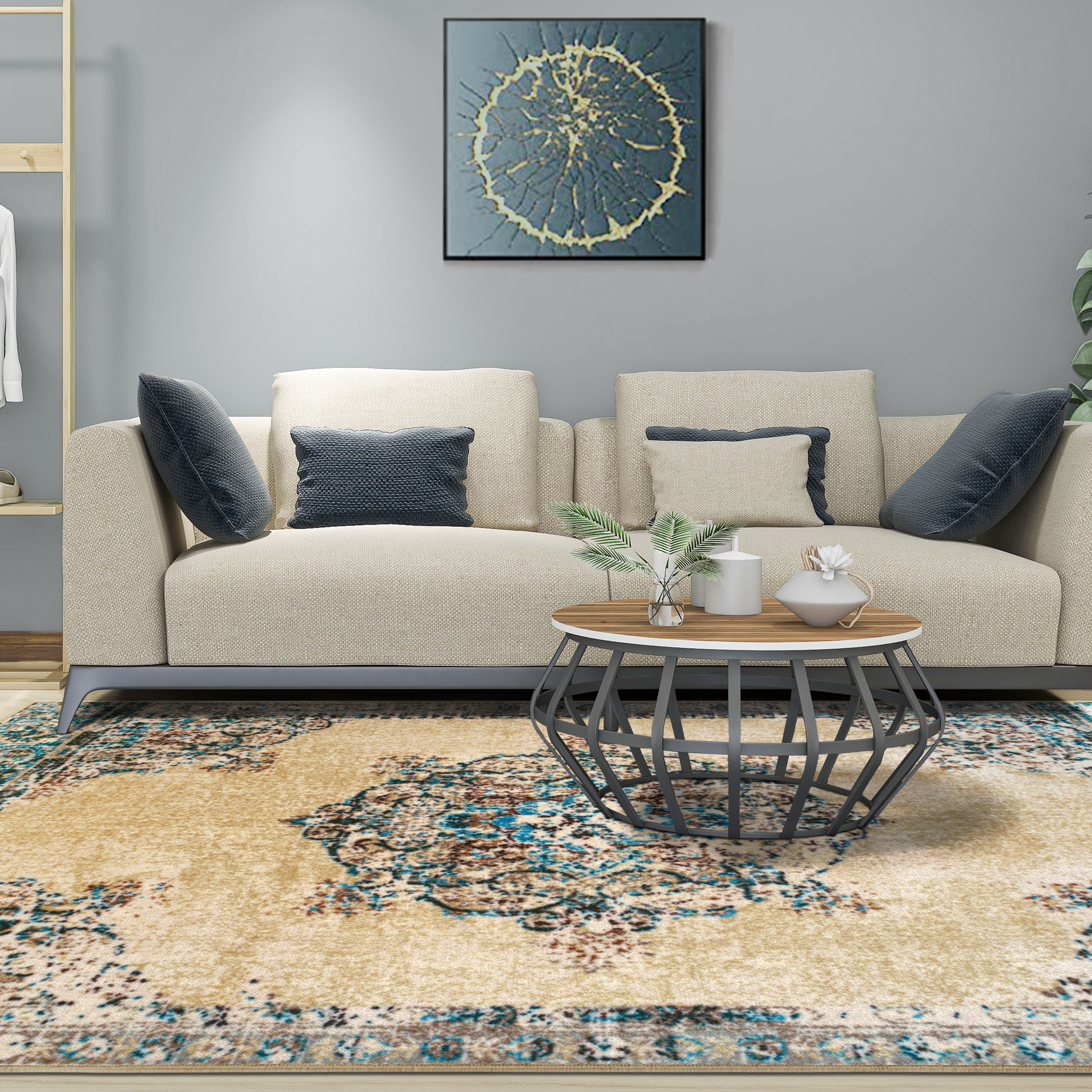 Superior Decklan Floral Non-Slip Indoor Area Rug, 9' x 12', Cream