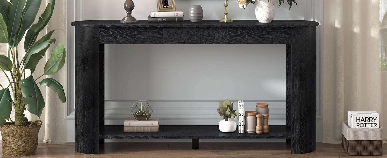 Mintazer 60" Modern Console Table, Entryway Table with 3 Drawers & Open Shelf, Long Sofa Table with Semi-Circular Design for Entryway Living Room, Black