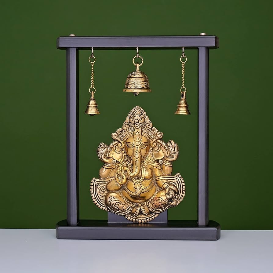 Brass Lord Ganesha Idol with wooden frame and bells for home décor/ temple