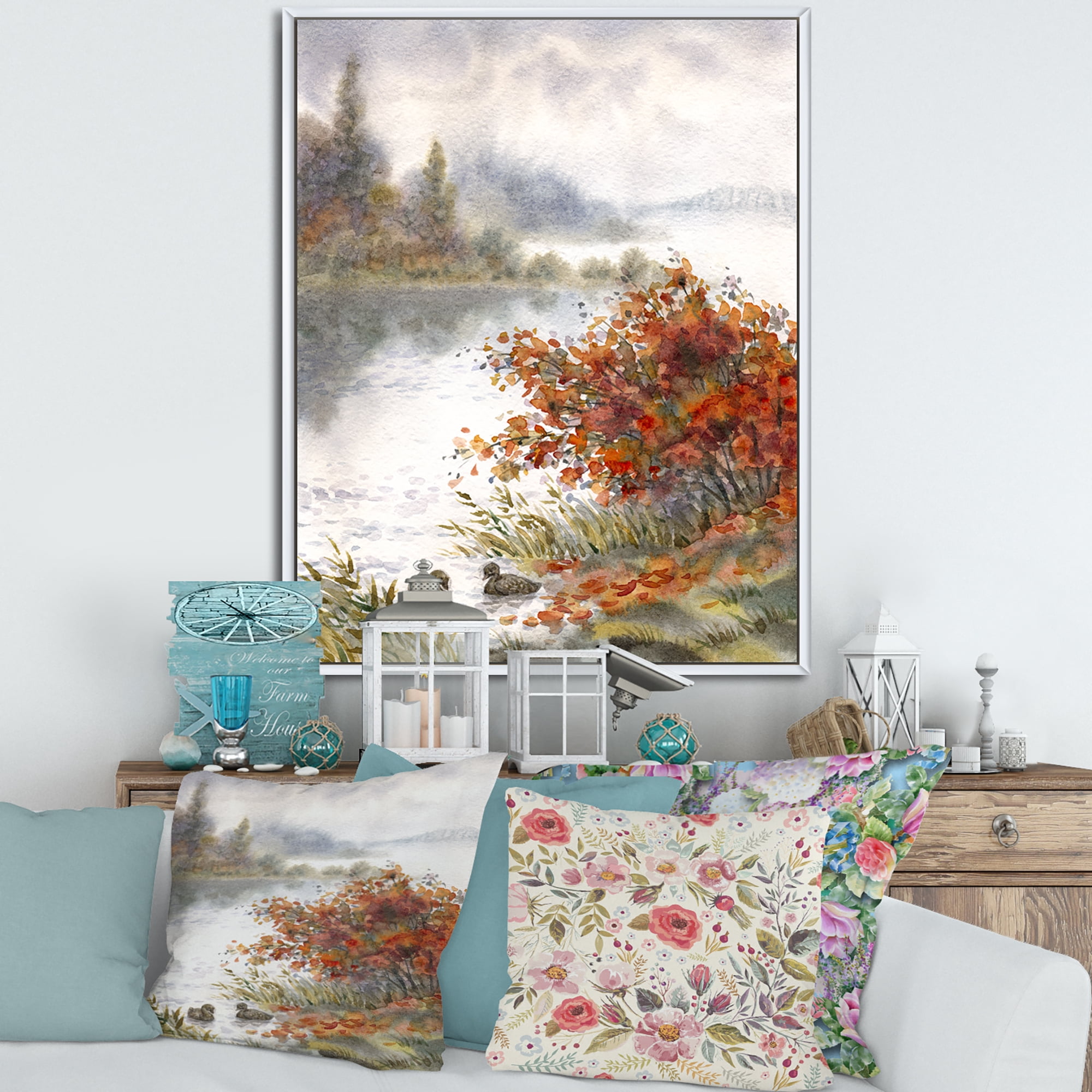 Designart 'View Of The Lake In Autumn Colored' Traditional Framed Canvas Wall Art Print